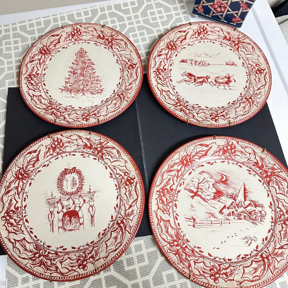 Restoration Hardware 2003 Vintage Holiday Christmas Tin Plates Decor 4 Piece Set